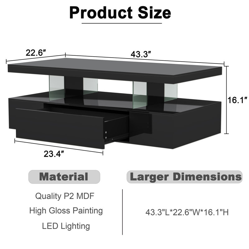 43.3" W High Glossy LED Coffee Table With Drawer, Black