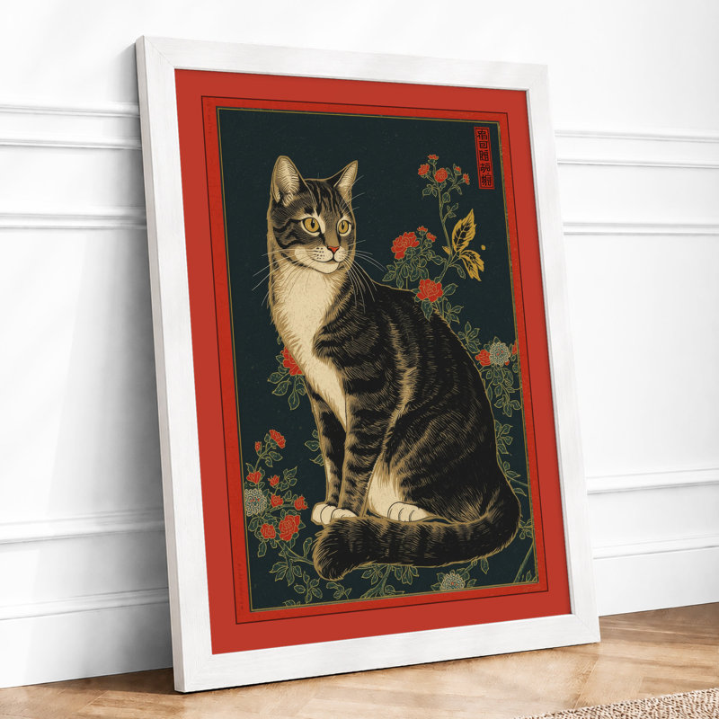 Tabby and Flowers Japandi - Framed Print, A1 - 84.1 x 59.4 cm, White