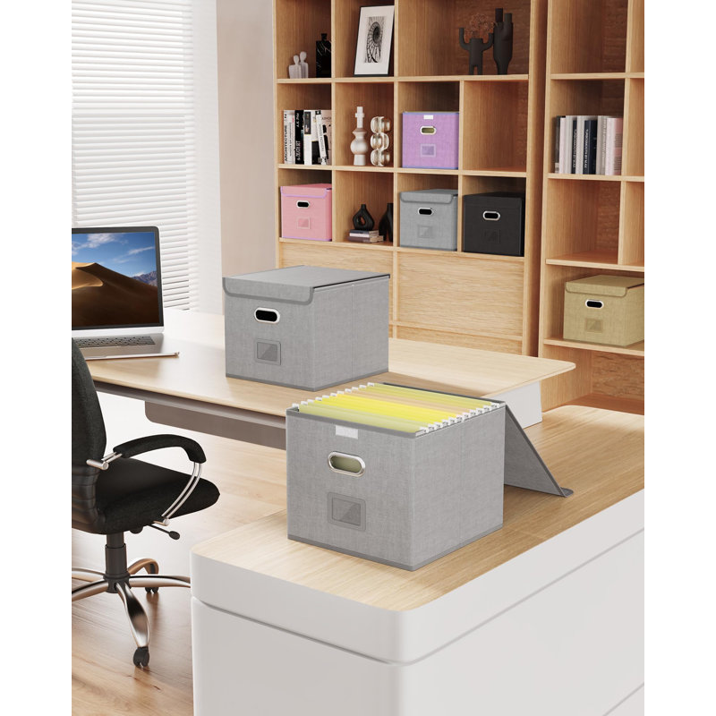 2 Pack File Organizer Box,File Box,Small File Cabinet For Letter Folders,Grey-White Portable Filing Box,Hanging File Folder Organizer Box With Lid For Office- Without Folders