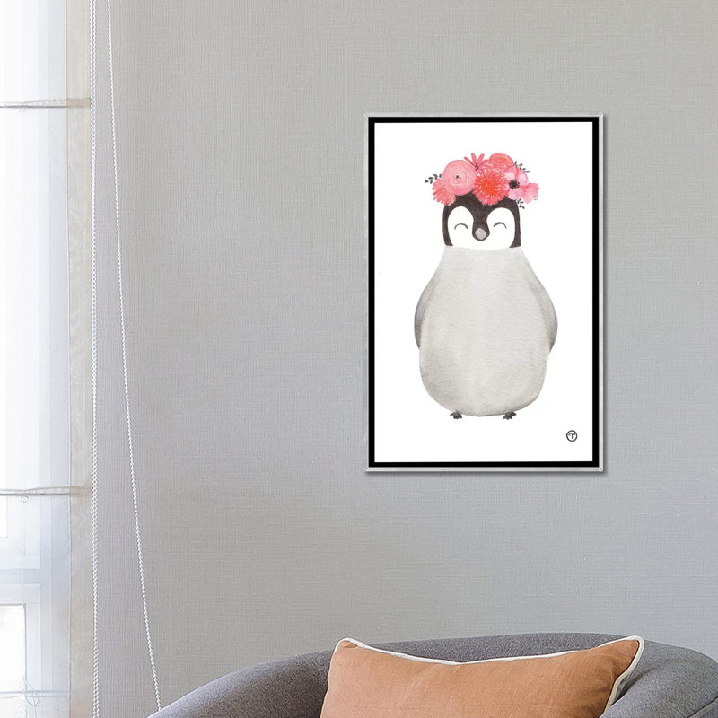 Art pingouin, Toile avec cadre argenté, H 26 po x l 18 po x P 1,5 po