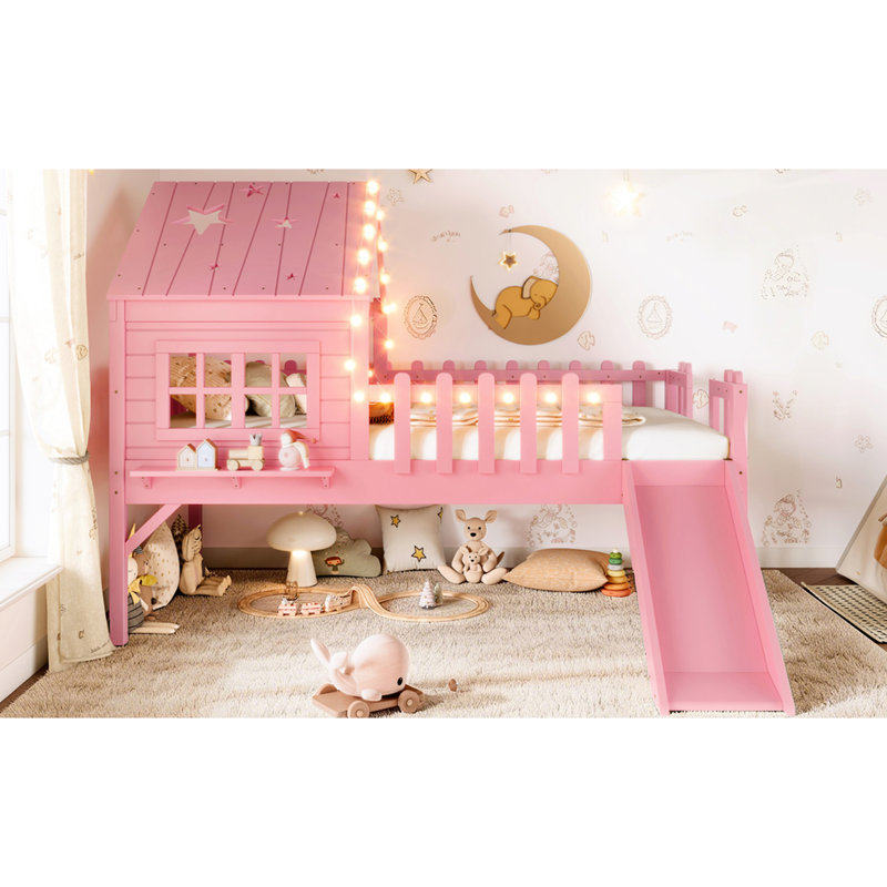 Lit mezzanine simple avec glissade, conceptions d'étoile de lune, fenêtre et lumières à DEL, rails en forme de lune de taille confortable, bois de pin pour dormir