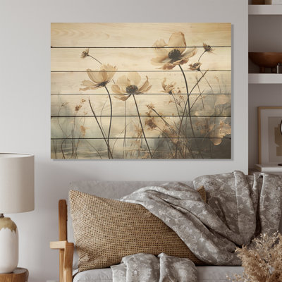 Jade Flowers Field Enchantment - Flower Wood Wall Art On Natural Pine Wood