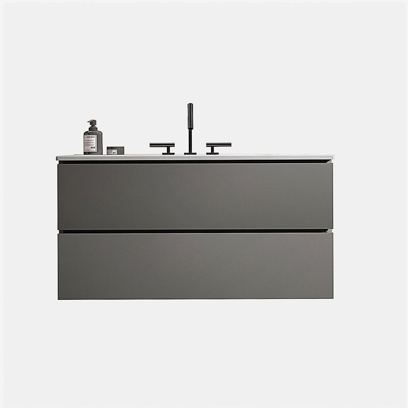 Coiffeuse murale en bois de noyer à trois trous avec lavabo en céramique, grande coiffeuse de rangement, salle de bain moderne, pré-assemblée
