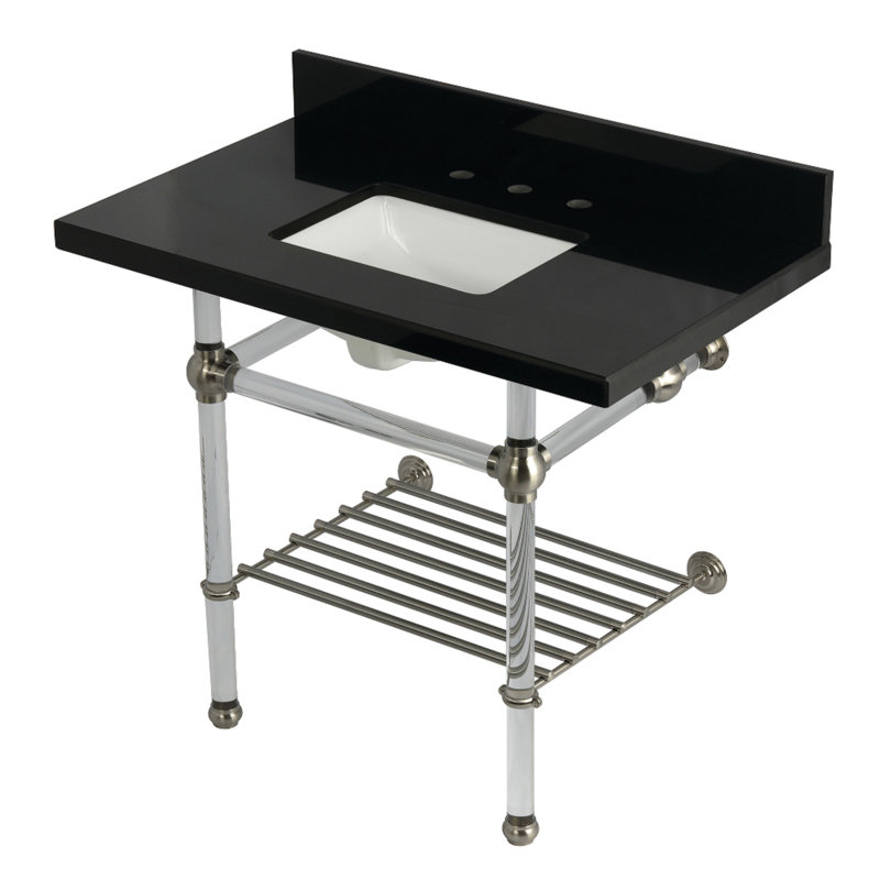 Kingston Brass Templeton 36-Inch Black Granite Console Sink with Acrylic Legs and Shelf (8-Inch, 3-Hole), Brushed Nickel