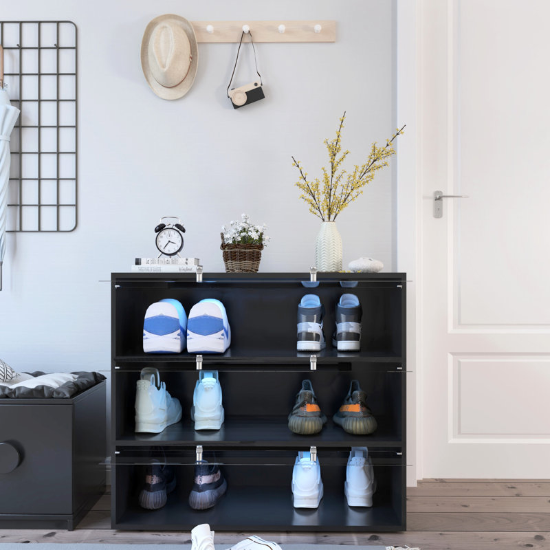 Armoire à chaussures en verre noire avec support à DEL et pratique, facile à nettoyer pour maximiser votre espace de rangement