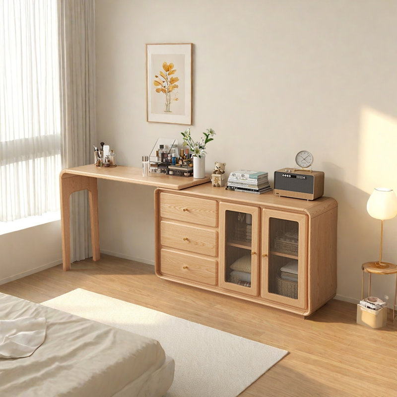 Bureau en L en bois massif avec armoire de rangement et coiffeuse
