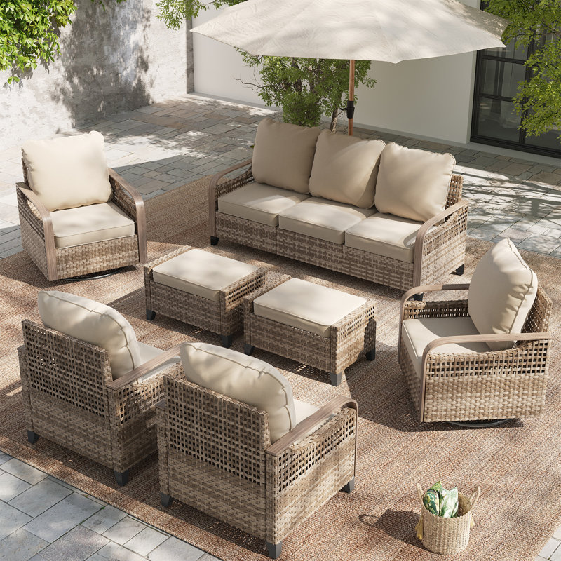 7-Piece Outdoor Patio Conversation Set, 3-Seater Sofa, 2 360° Swivel Armchairs，2 Single Armchairs & 2 Ottomans, Steel Frame with Wood-Grain Heat Transfer, Olefin Cushions for Patio, Backyard, Porch & Poolside