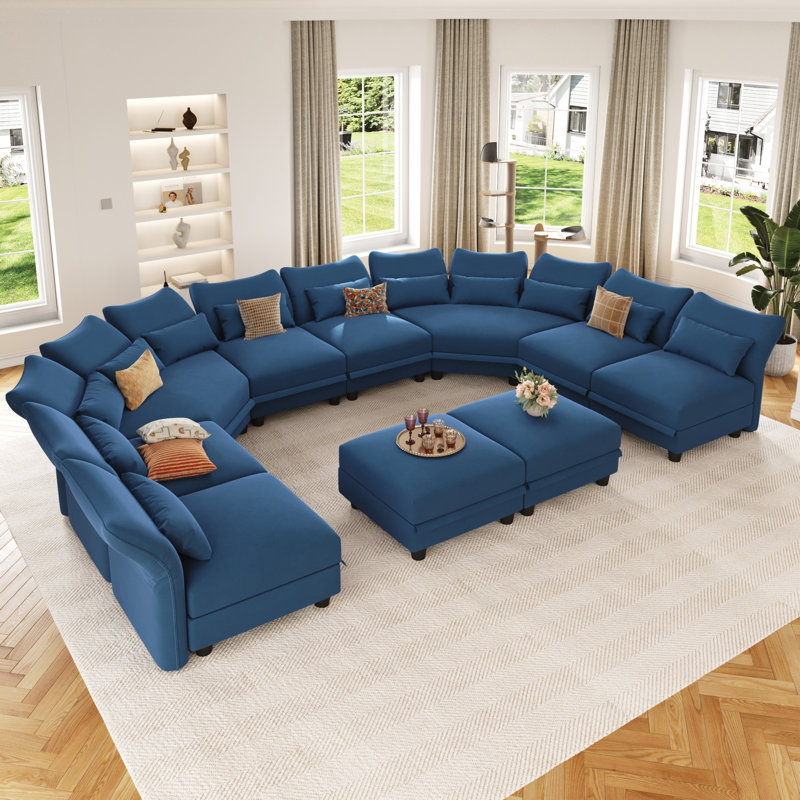 Ahren Upholstered Curved Sectional, Blue Velvet