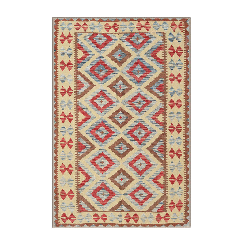 Tapis de zone rouge/bleu/beige contemporaine, Rectangle 7 pi 0 po x 9 pi 0 po