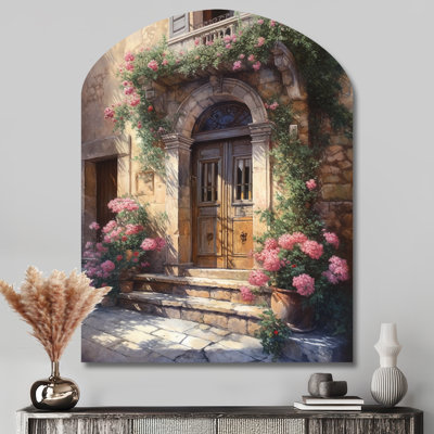 Village Door Filled With Flowers III - Asymmetrical Farm Door Floral Metal Wall Art, Arch Metal Wall Sculpture Print