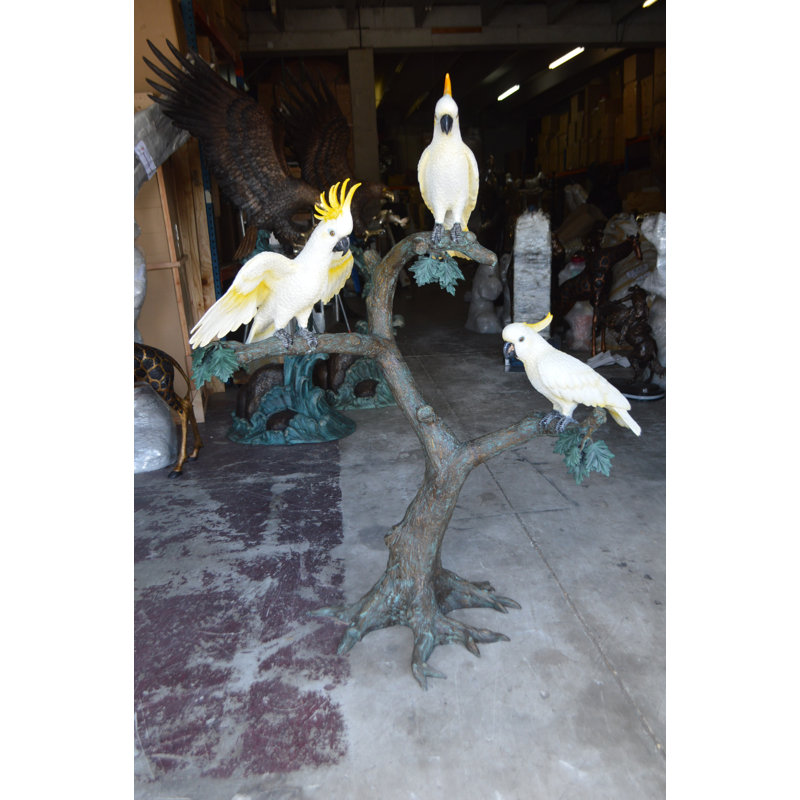 Bronze Tropical Cockatoo Tree Statue with Hand-Painted Finish