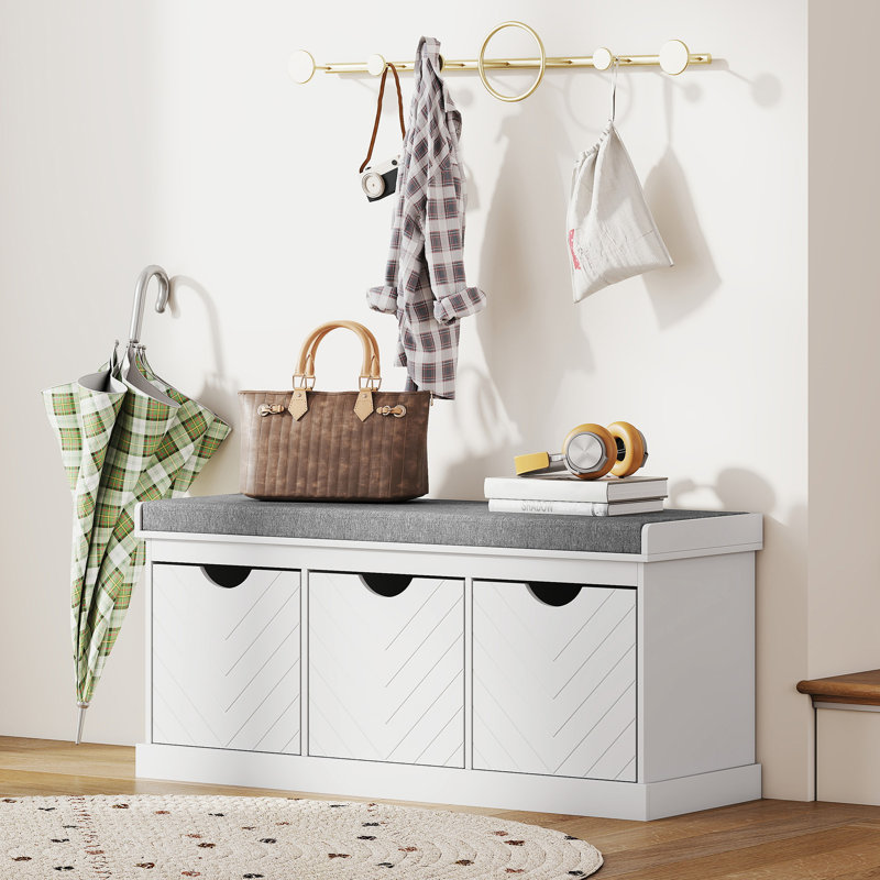 Banc de rangement pour chaussures avec 3 tiroirs amovibles et siège rembourré, blanc