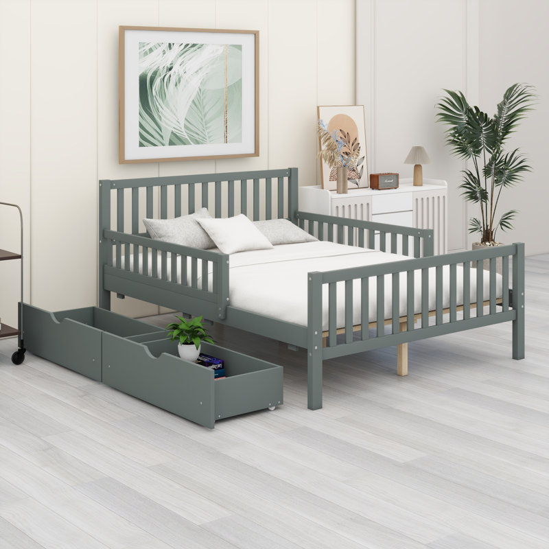 Lit plateforme en bois avec garde-corps des deux côtés et deux tiroirs de rangement, Gris