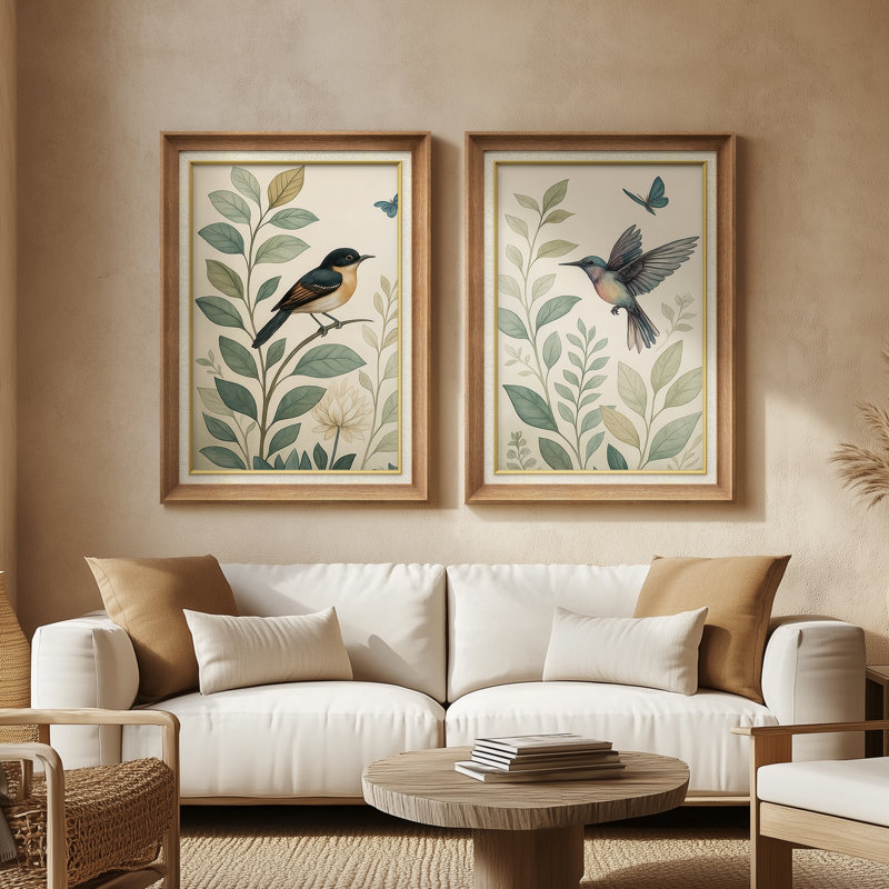 «Vintage Botanical Leaves with Birds Natural Study», ensemble de 2 reproductions d'art mural encadrées de qualité supérieure sur papier 26 po x 36 po