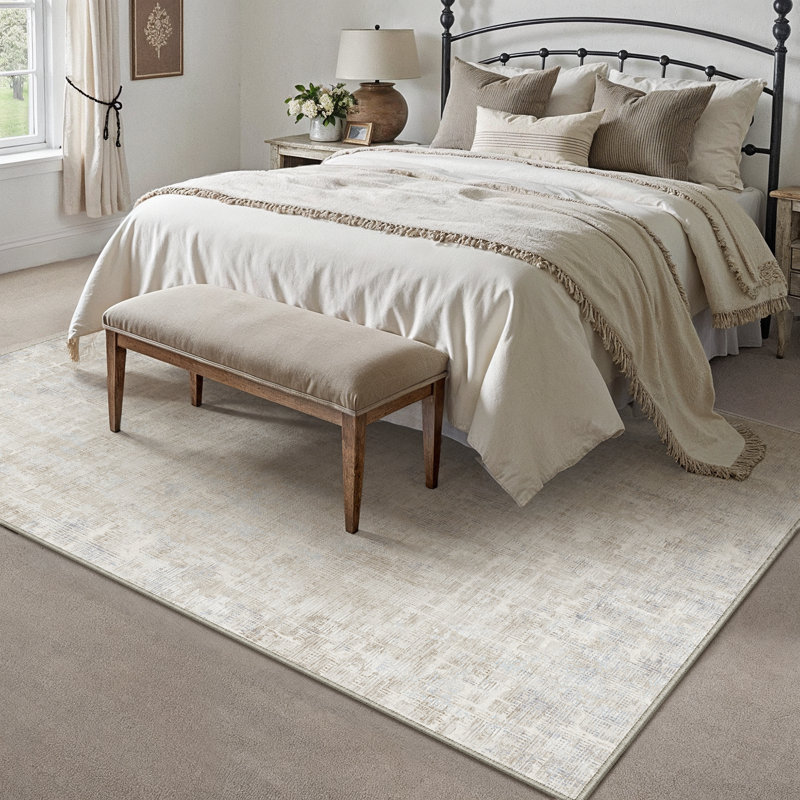 Tapis beige élégant et lavable à la machine, Rectangle 5 pi x 7 pi