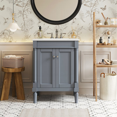 Meuble-lavabo 24 po avec lavabo supérieur, meuble de rangement moderne à 2 niveaux, meuble-lavabo simple, grandes tablettes de rangement