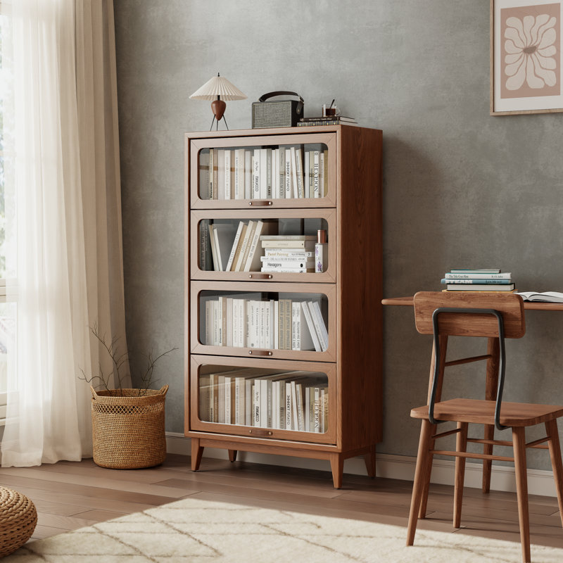 Bibliothèque en bois massif avec porte à rabat en verre et armoire de rangement moderne avec poignées en cuir, Brun