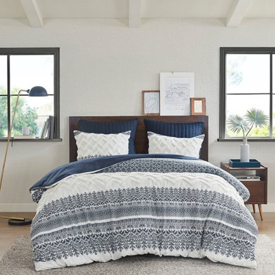 Housse de couette en coton 3 pièces très grand / très grand - imprimé, capitonnage en chenille, envers uni bleu marine, literie lavable à la machine, attaches de coin