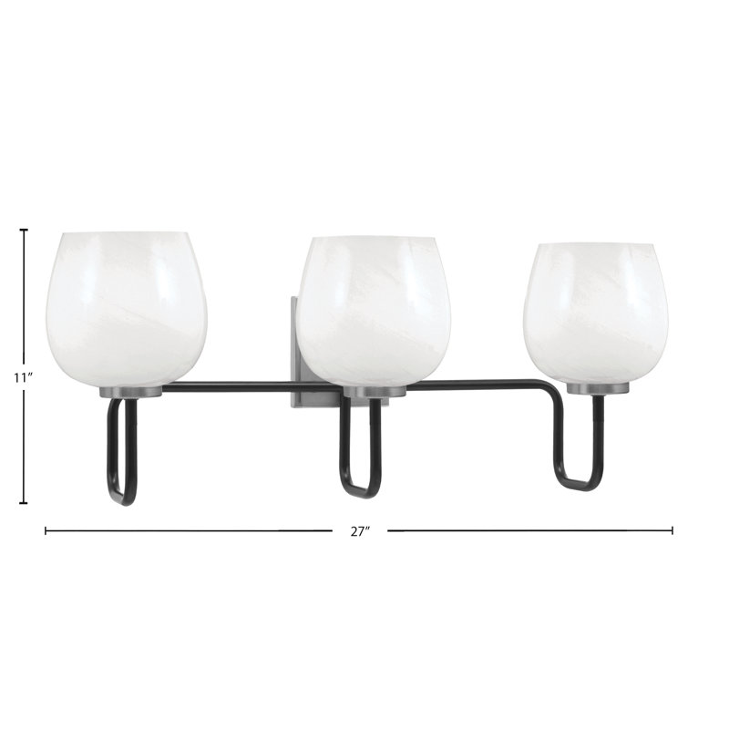 Barre d'éclairage de salle de bain 3 lumières Amarmula, noir mat et finition graphite, verre marbré blanc 6 po, Blanc