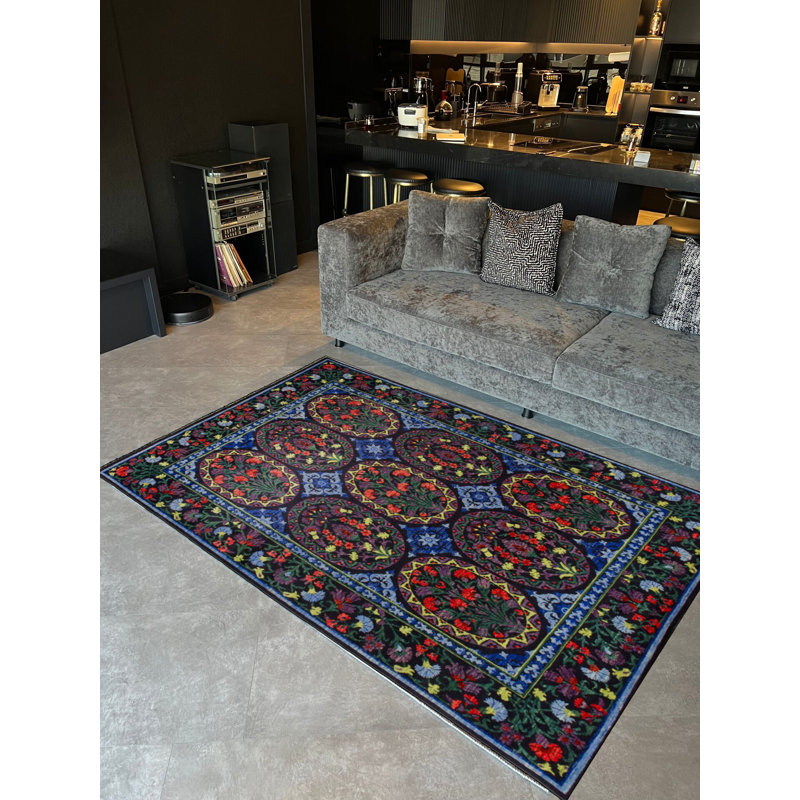 Tapis décoratif multicolore à motif floral Suzani, Rectangle 3 pi 9,81 po x 4 pi 11,06 po