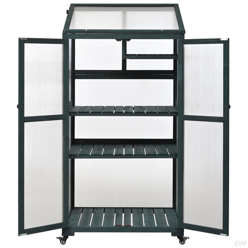 Wood Large Greenhouse Balcony Portable Cold Frame With Wheels And Adjustable Shelves For Outdoor Indoor Use, Green