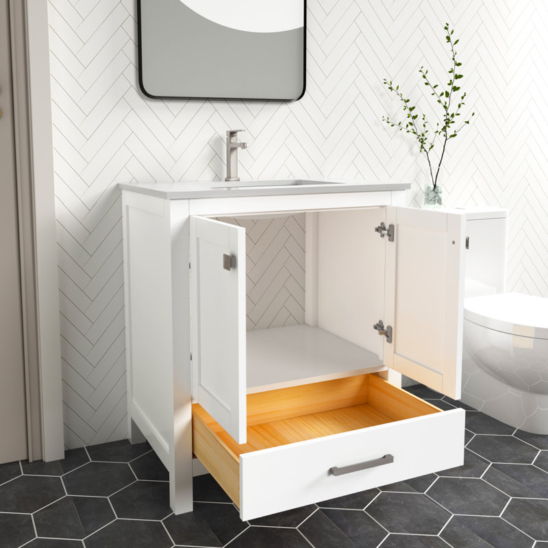 Meuble-lavabo autoportant 30 po Anvay en blanc mat avec comptoir en quartz de Carrare, Blanc, Quartz - blanc de Carrare