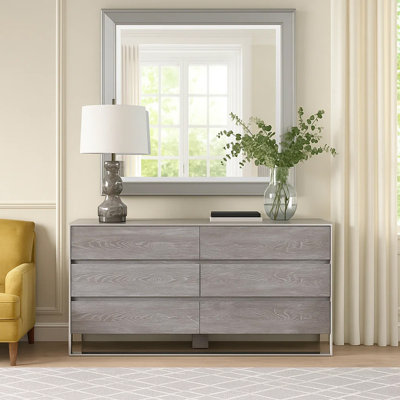 Commode 6 tiroirs avec base en métal et pieds en bloc, gris