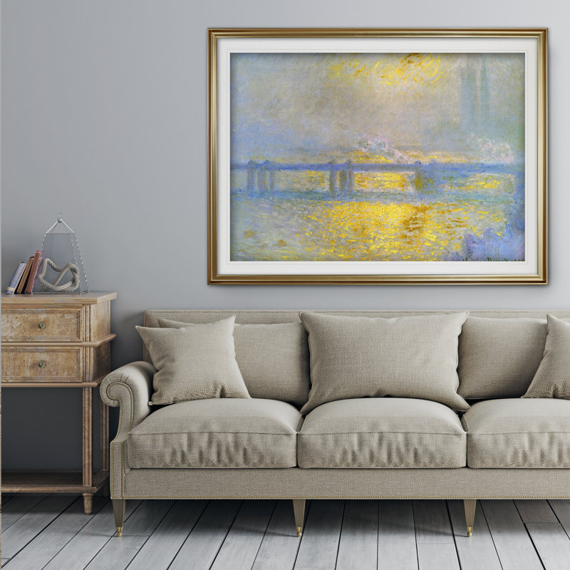 « rectangle » charing cross bridge» par claude monet, reproduction de peinture à l’huile, Cadre doré, Blanc mat