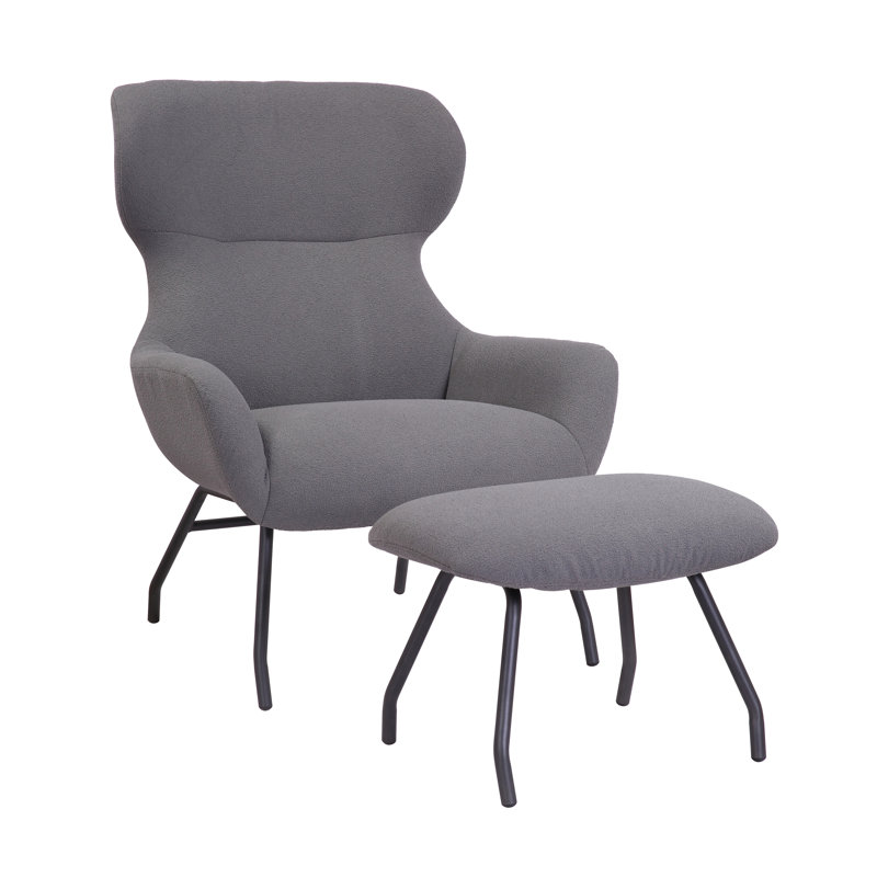 Cathalina Fabric Wingback Accent Chair with Ottoman, Gray Polyester Blend