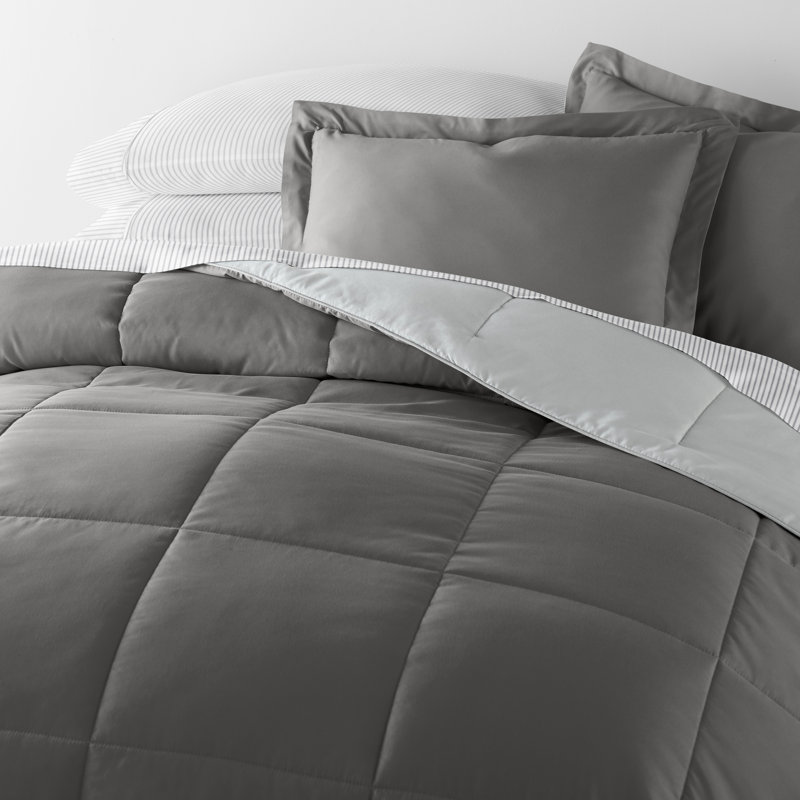 Ensemble de literie réversible 7 pièces - Ensemble d'édredon uni et de draps à motifs, Gris à rayures