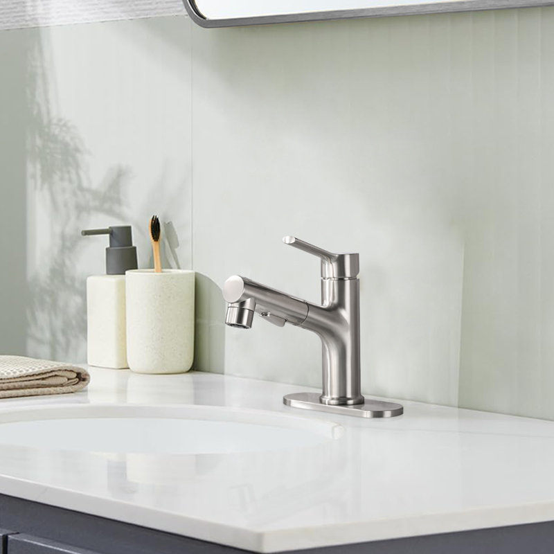 Single-hole Single-handle Bathroom Faucet With Pull Out Sprayer, Brushed Nickel