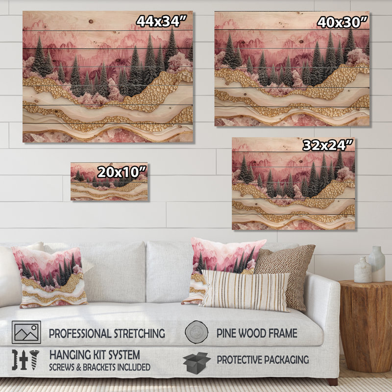 Paysage forestier de rivière rose avec pierres précieuses I - décoration murale en bois forêt - sur bois de pin naturel