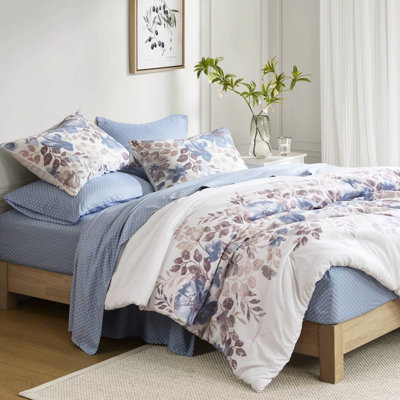 Édredon bleu et drap à imprimé floral, microfibre douce, aquarelle, pour matelas de 16 po, lavable à la machine, jusqu'à