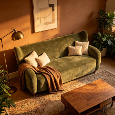 Élégante chaise d'appoint en chenille de style Mid-Century 57 po | Structure en bois massif séché au four, rembourrage en mousse haute densité + fibre de polyester, revêtement en chenille 100% polyester, canapé de salon à dossier incurvé pour salon, chambre à coucher, coin d'étude et de lecture
