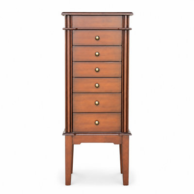Freestanding Jewelry Armoire with Mirror, 6 Drawers, Side Necklace Hooks and Storage, Cherry Brown