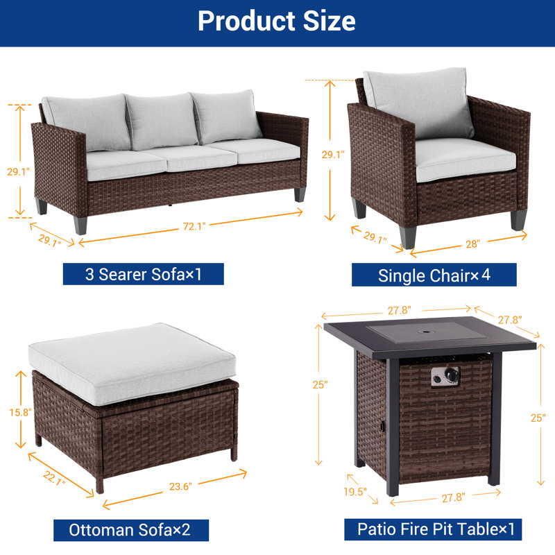 8-Pieces Patio Sofa Sets with 28'' Fire Pit Table, PE Rattan Wicker for Patio , Deck and Yard, Linen Gray, Brown