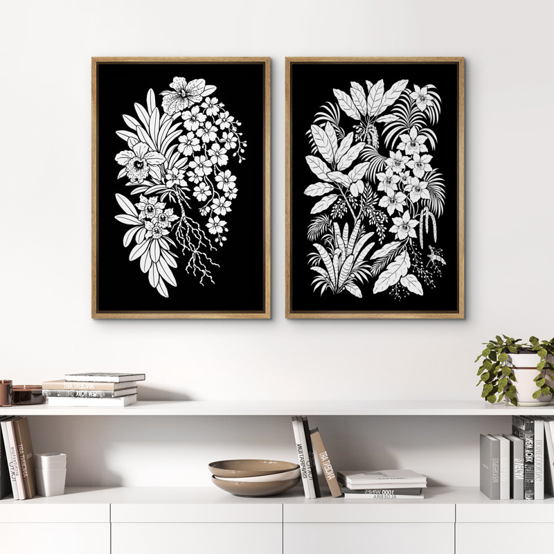 Impression sur toile noire encadrée botanique sur fond noir, H 24 po x l 16 po x P 1,5 po, Naturel