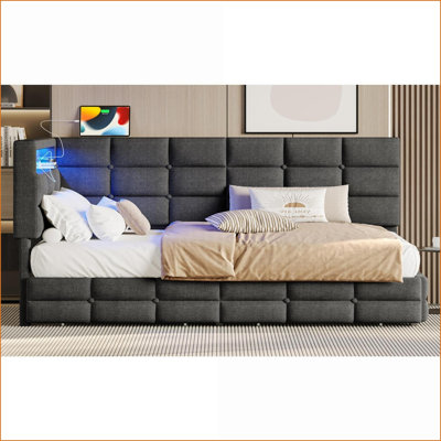 Twin Size Eucalyptus Wood &amp; Iron Upholstered Daybed with Storage Drawers, Charging Station &amp; LED Lights - Gray, No Box Spring Needed