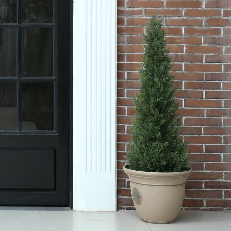 Adcock Artificial UV Resistant Cedar Topiary Trees, Faux Cypress Plants with Solar Light String, Set Of 2