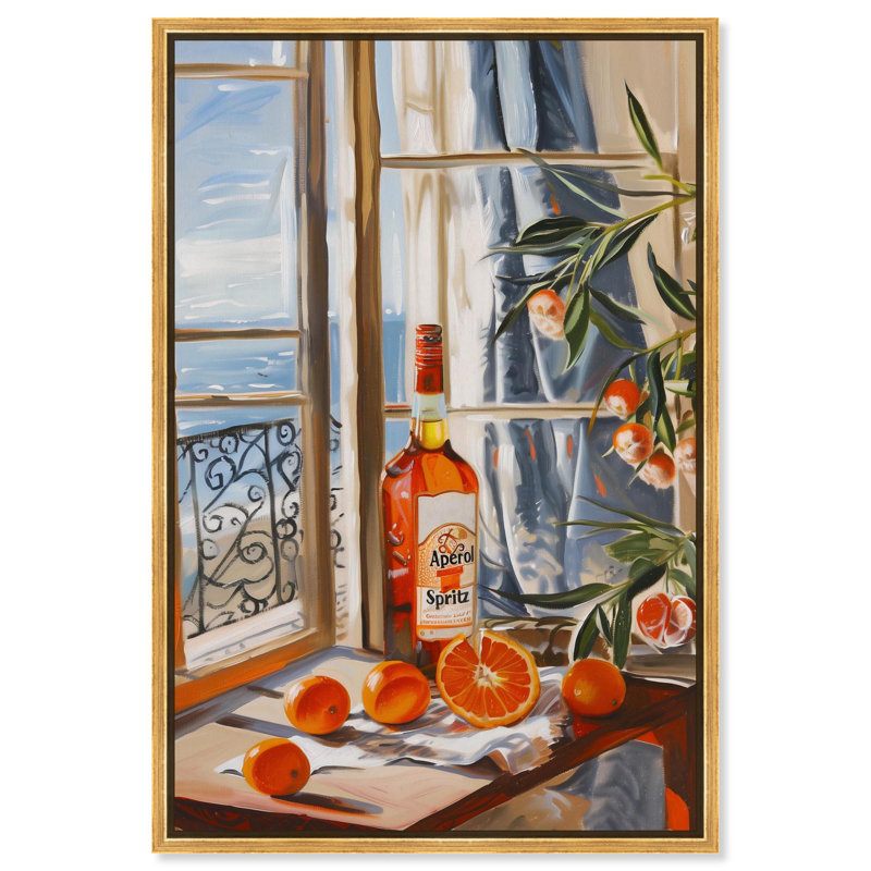 Toile orange Aperol by the Sea par Art Remedy, H 37 po x l 25 po, Doré, Cadre flottant
