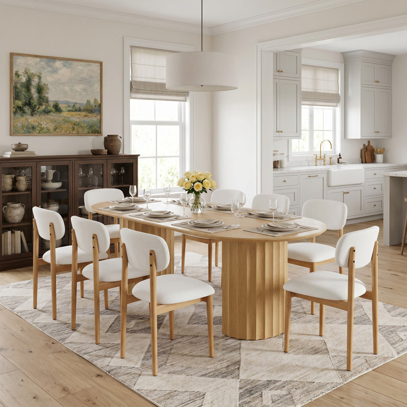 Table Ã  manger ovale moderne Ã  double pied central en bois, 79 po, avec piÃ¨tement en bois massif, pour 8 personnes