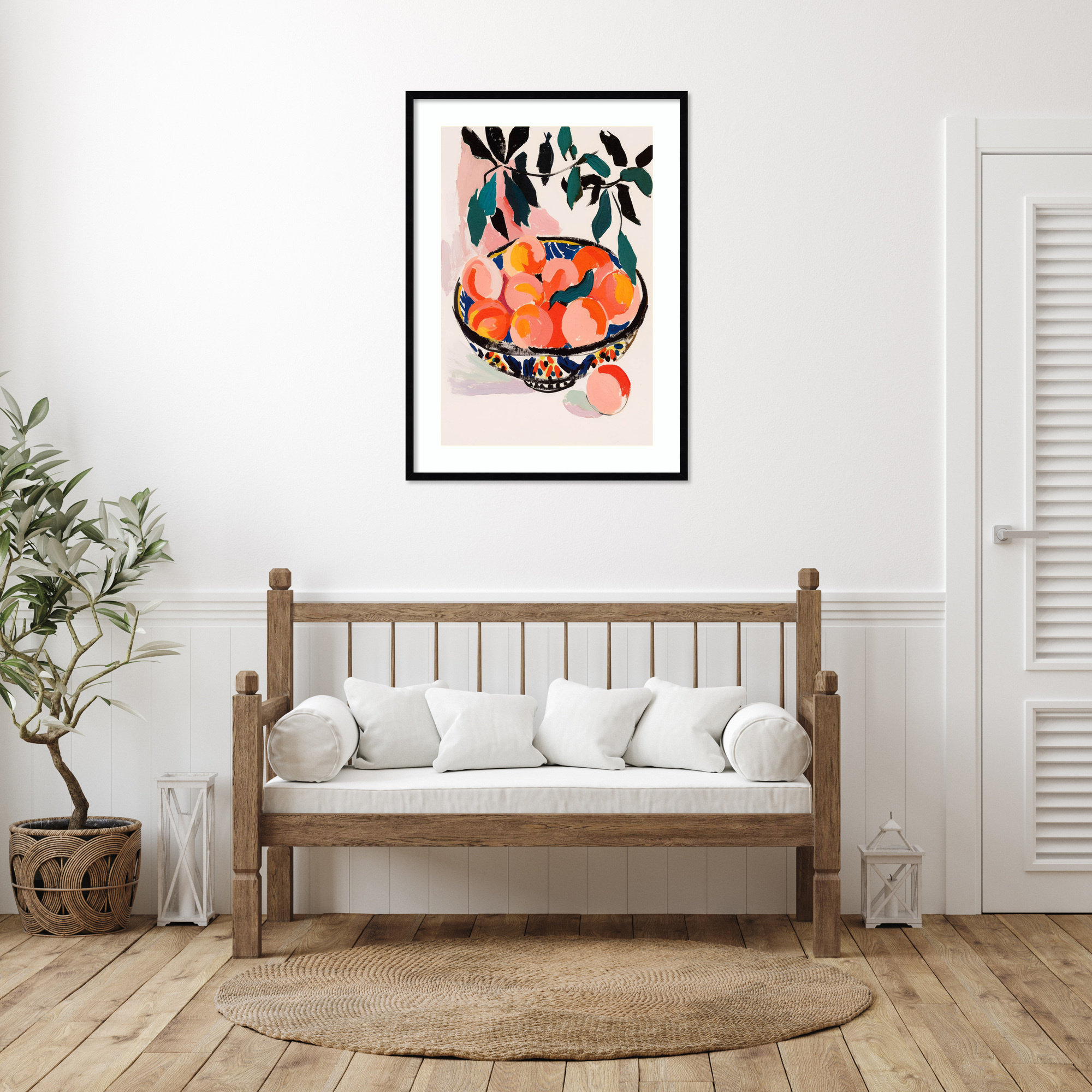 Fresh Peach Fruit Bowl by Treechild Wood Framed Wall Art Print, 41" H x 30" W, Black Framed
