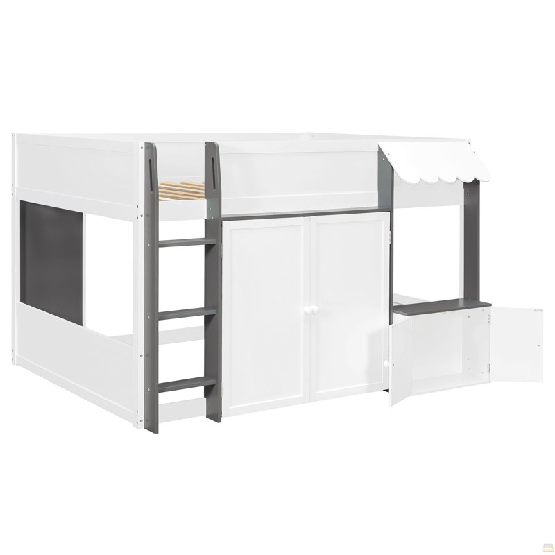 Full Loft House Bed With Playhouse & Storage, Modern Wood Cabin Bed, White/Gray
