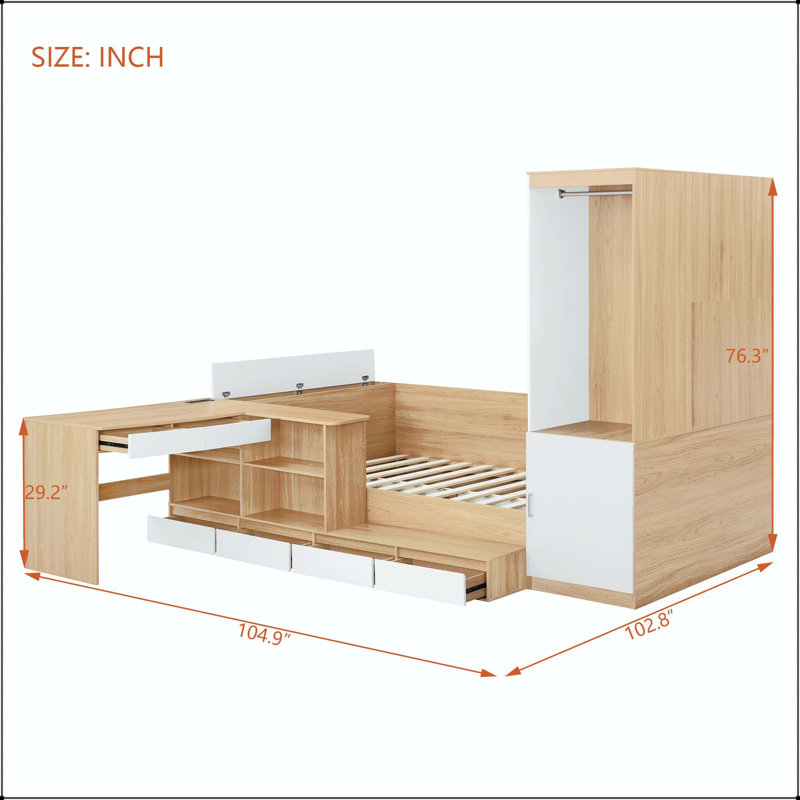 Lit plateforme double en bois avec 6 tiroirs, bureau, tablettes et garde-robe, Naturel