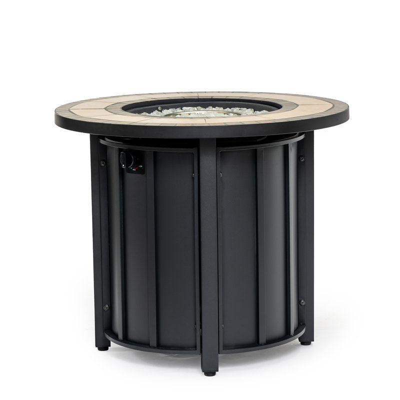 30" W 50,000 Btu Mosaic Grain Ceramic Round Tabletop Steel Outdoor Propane Fire Pit, With Lid Waterproof Cover And Glass Stones Propane Gas Fire Pit Table