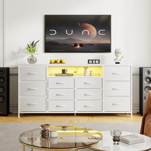 63" Dresser TV Stand for 65 70 75 Inch TV, Fabric Chest of Drawers with Charging Station, LED Lights, White