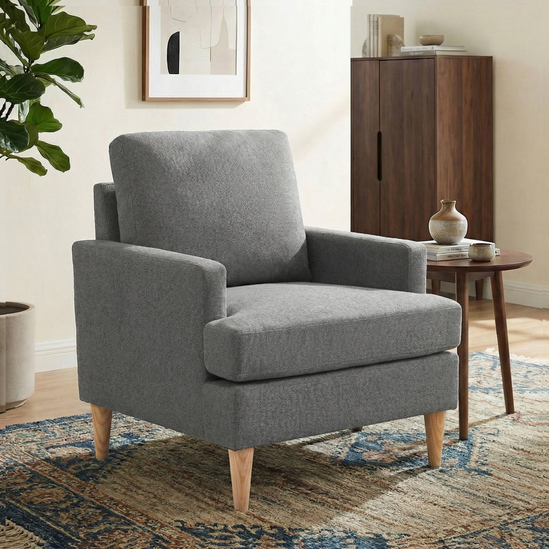 Accent Chair With Solid Wood Legs, Dark Gray Fabric