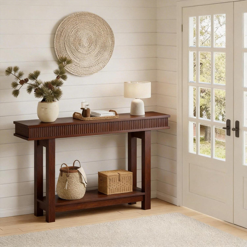 55" Farmhouse Fluted Console Table with Shelf Storage, Narrow Wooden Entryway Table for Behind Couch, Foyer, Hallway, Living Room