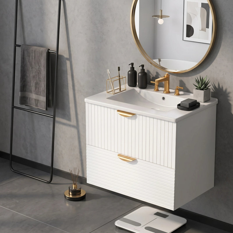 Ensemble de meuble-lavabo moderne à 2 tiroirs avec plateau en céramique, Blanc