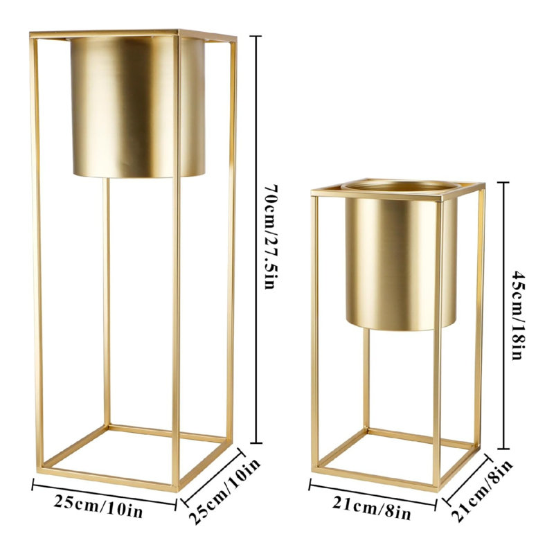 Morden Metal Craft Planters with Stand Set of 2 for Indoor Otdoor, Gold